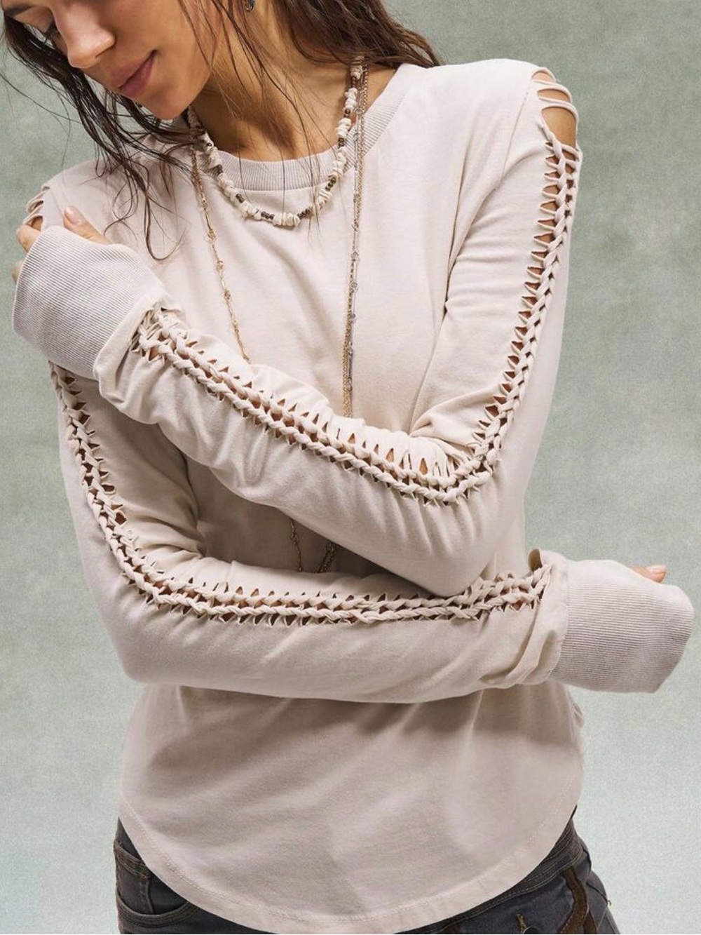 Lace-Up Ivory cream long sleeve top boho chic weave style